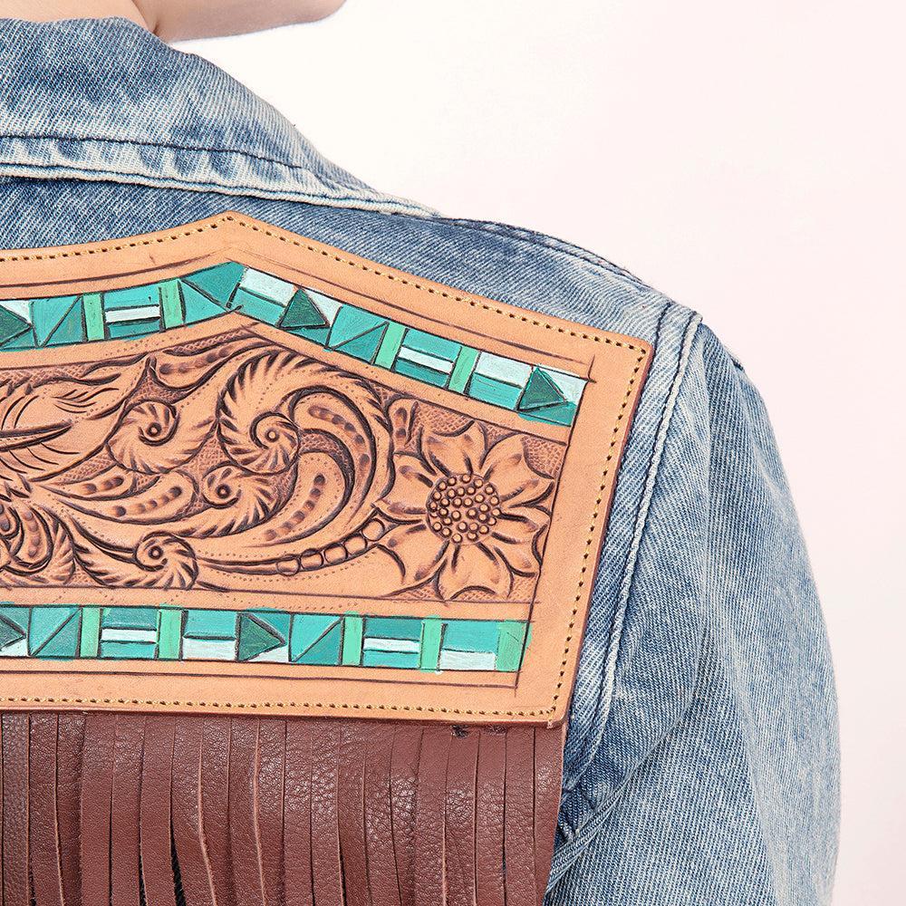 ADJKT015 Genuine leather Hand tooled hand carved Women 100% cotton Denim jacket  dress ladies girl