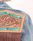 ADJKT015 Genuine leather Hand tooled hand carved Women 100% cotton Denim jacket  dress ladies girl