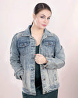 ADJKT015 Genuine leather Hand tooled hand carved Women 100% cotton Denim jacket  dress ladies girl