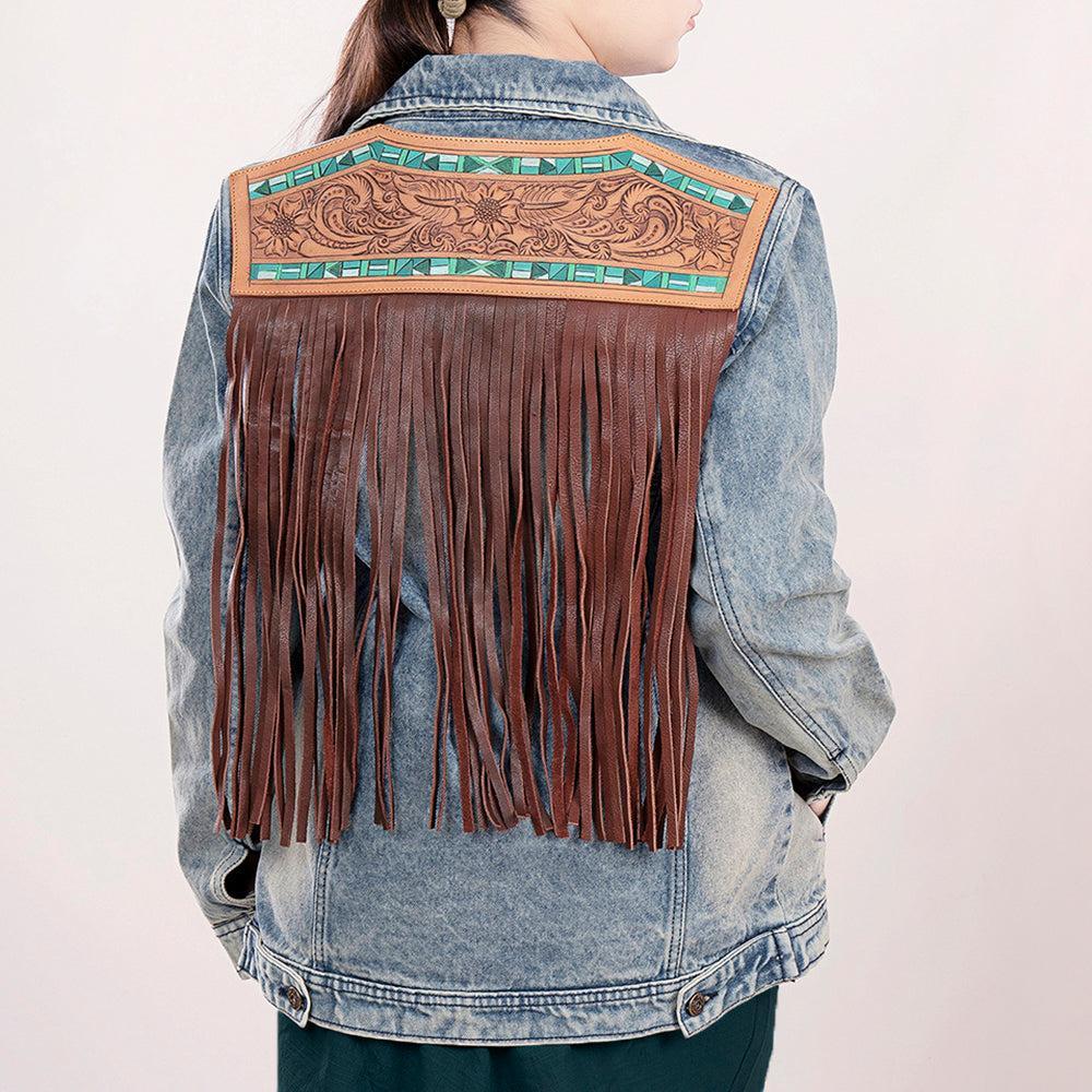 ADJKT015 Genuine leather Hand tooled hand carved Women 100% cotton Denim jacket  dress ladies girl