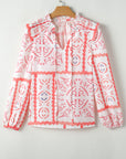 Abstract Poet Collar Smocked Long Sleeve Blouse
