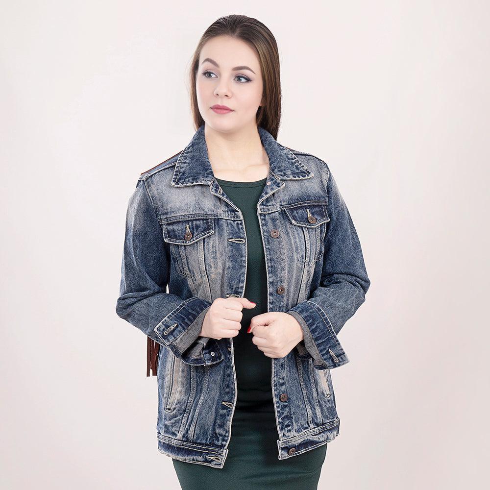 ADJKT016 Genuine leather Hand tooled hand carved Women 100% cotton Denim jacket  dress ladies girl