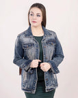 ADJKT016 Genuine leather Hand tooled hand carved Women 100% cotton Denim jacket  dress ladies girl