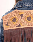ADJKT016 Genuine leather Hand tooled hand carved Women 100% cotton Denim jacket  dress ladies girl