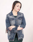 ADJKT016 Genuine leather Hand tooled hand carved Women 100% cotton Denim jacket  dress ladies girl