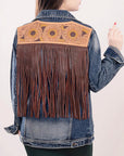 ADJKT016 Genuine leather Hand tooled hand carved Women 100% cotton Denim jacket  dress ladies girl