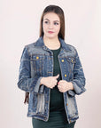 ADJKT017 Genuine leather Hand tooled hand carved Women 100% cotton Denim jacket  dress ladies girl