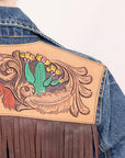 ADJKT017 Genuine leather Hand tooled hand carved Women 100% cotton Denim jacket  dress ladies girl