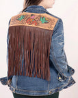 ADJKT017 Genuine leather Hand tooled hand carved Women 100% cotton Denim jacket  dress ladies girl