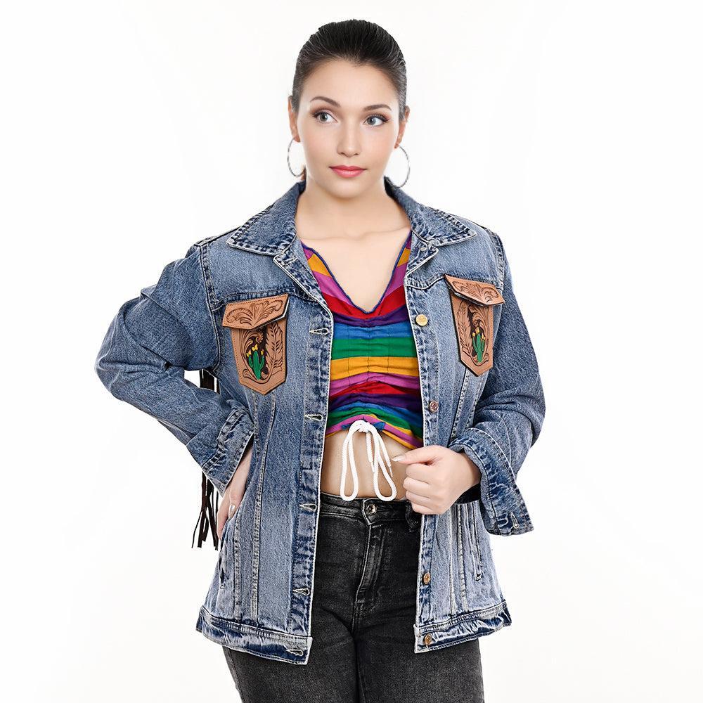 ADJKT001 Genuine leather Hand tooled hand carved Women 100% cotton Denim jacket  dress ladies girl