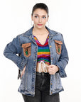 ADJKT001 Genuine leather Hand tooled hand carved Women 100% cotton Denim jacket  dress ladies girl