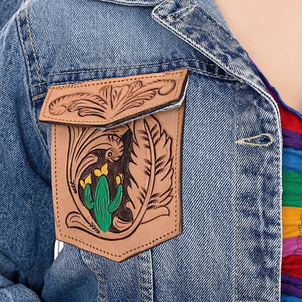 ADJKT001 Genuine leather Hand tooled hand carved Women 100% cotton Denim jacket  dress ladies girl