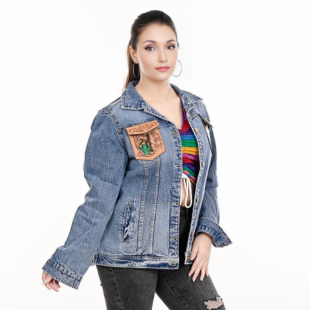 ADJKT001 Genuine leather Hand tooled hand carved Women 100% cotton Denim jacket  dress ladies girl