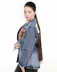 ADJKT001 Genuine leather Hand tooled hand carved Women 100% cotton Denim jacket  dress ladies girl