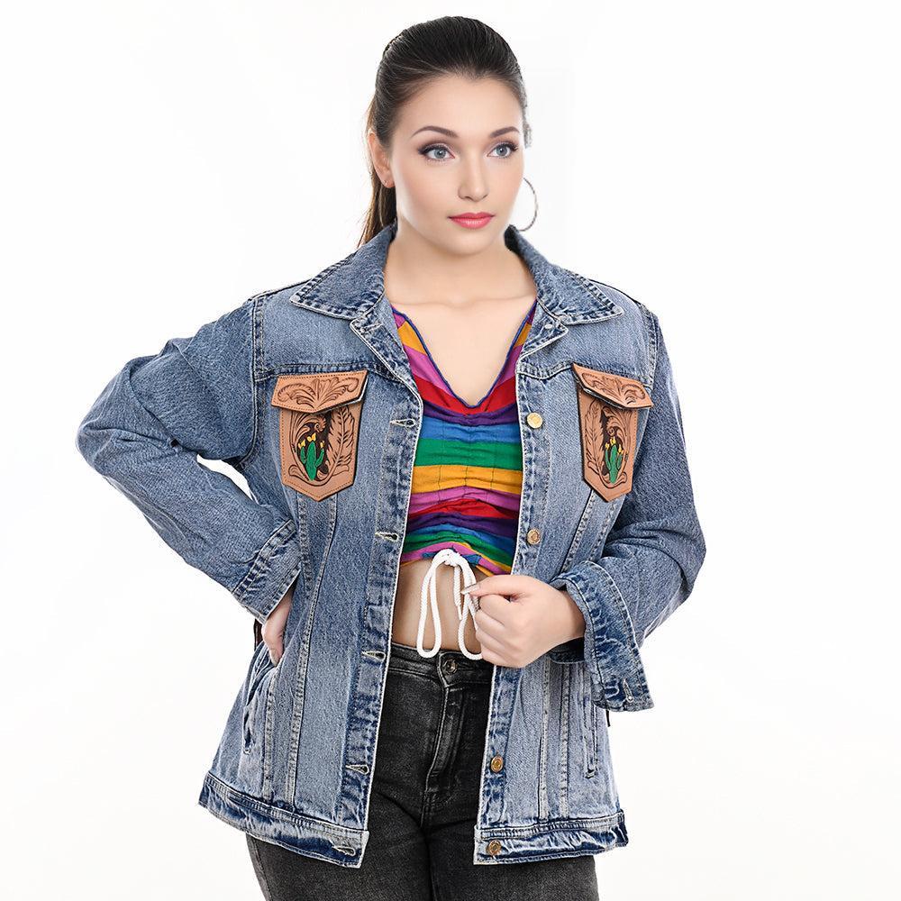 ADJKT001 Genuine leather Hand tooled hand carved Women 100% cotton Denim jacket  dress ladies girl