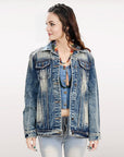 ADJKT005 Genuine leather Hand tooled hand carved Women 100% cotton Denim jacket  dress ladies girl