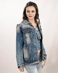 ADJKT005 Genuine leather Hand tooled hand carved Women 100% cotton Denim jacket  dress ladies girl