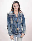 ADJKT005 Genuine leather Hand tooled hand carved Women 100% cotton Denim jacket  dress ladies girl