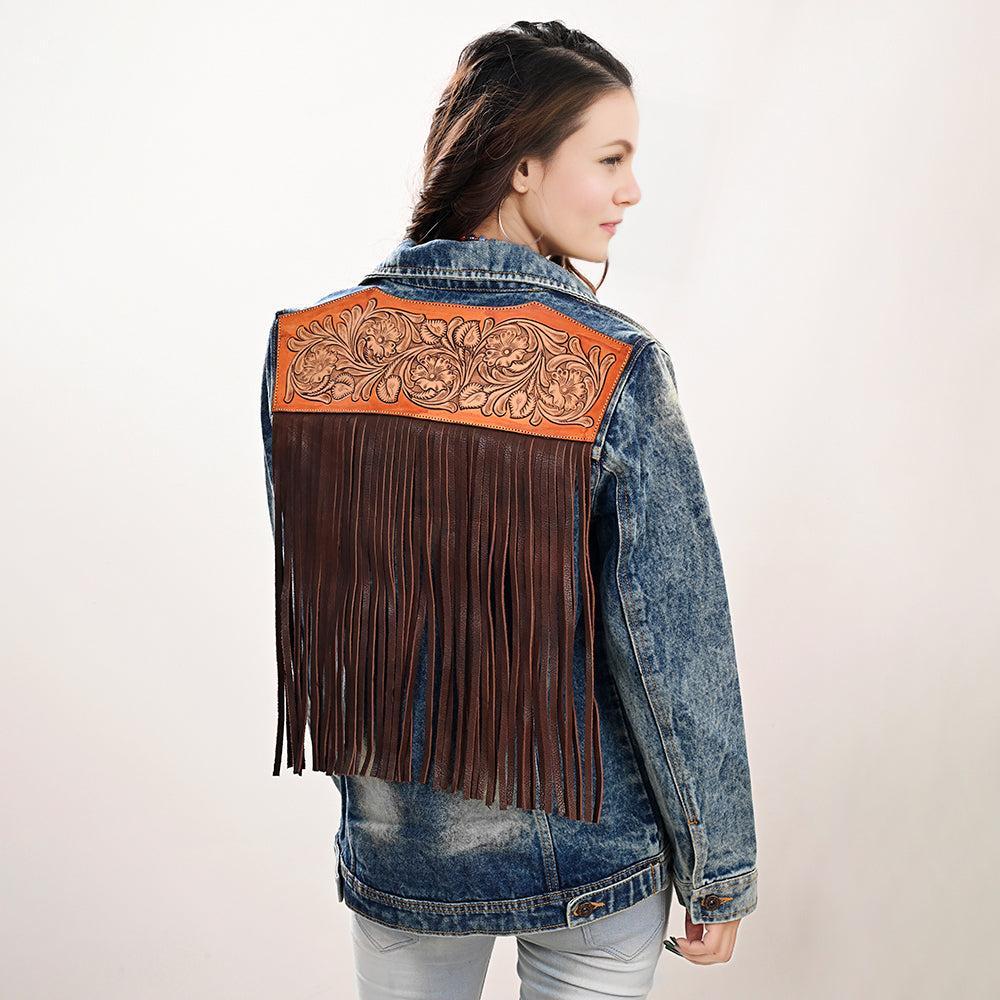 ADJKT005 Genuine leather Hand tooled hand carved Women 100% cotton Denim jacket  dress ladies girl