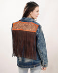 ADJKT005 Genuine leather Hand tooled hand carved Women 100% cotton Denim jacket  dress ladies girl