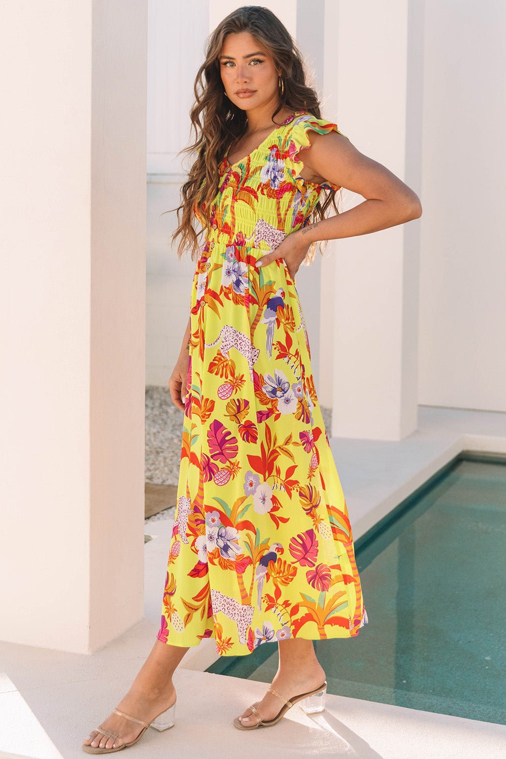Dani Cheetah Plant Shirred Button V Neck Maxi Dress