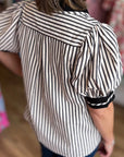 Stripe Collared V-Neck Bubble Sleeve Blouse