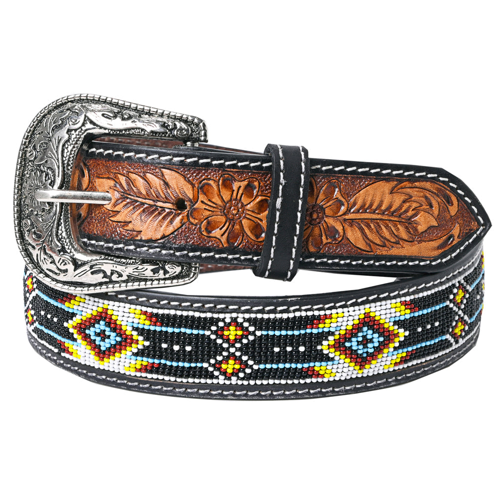 HILASON Hand-Tooled Leather Western Belt with Beaded Design