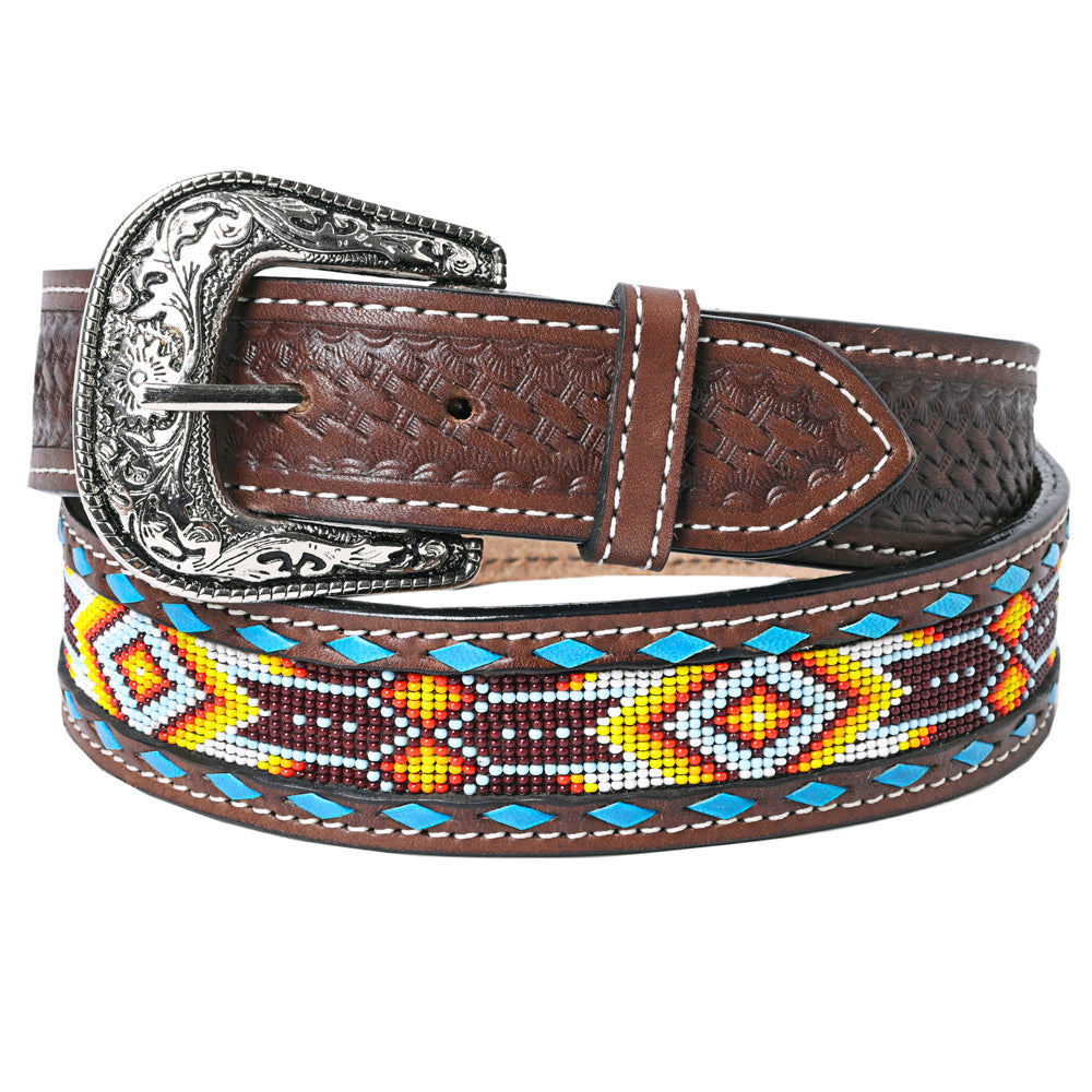 HILASON Hand-Tooled Leather Western Belt with Beaded Design