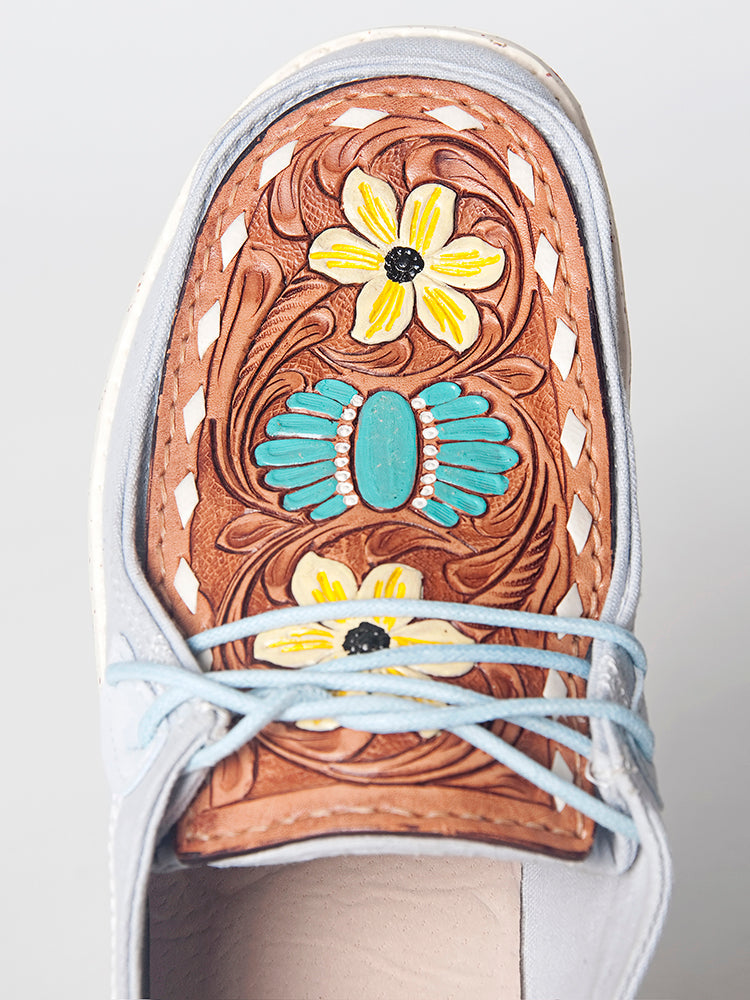 Hand Tooled Genuine Leather Trim Slip-On Shoes With Subtle Western Detailing Finish