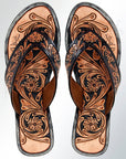 Hand-Tooled Leather Sandal With Hand-Painted Intricately Carved Details And Western Motifs