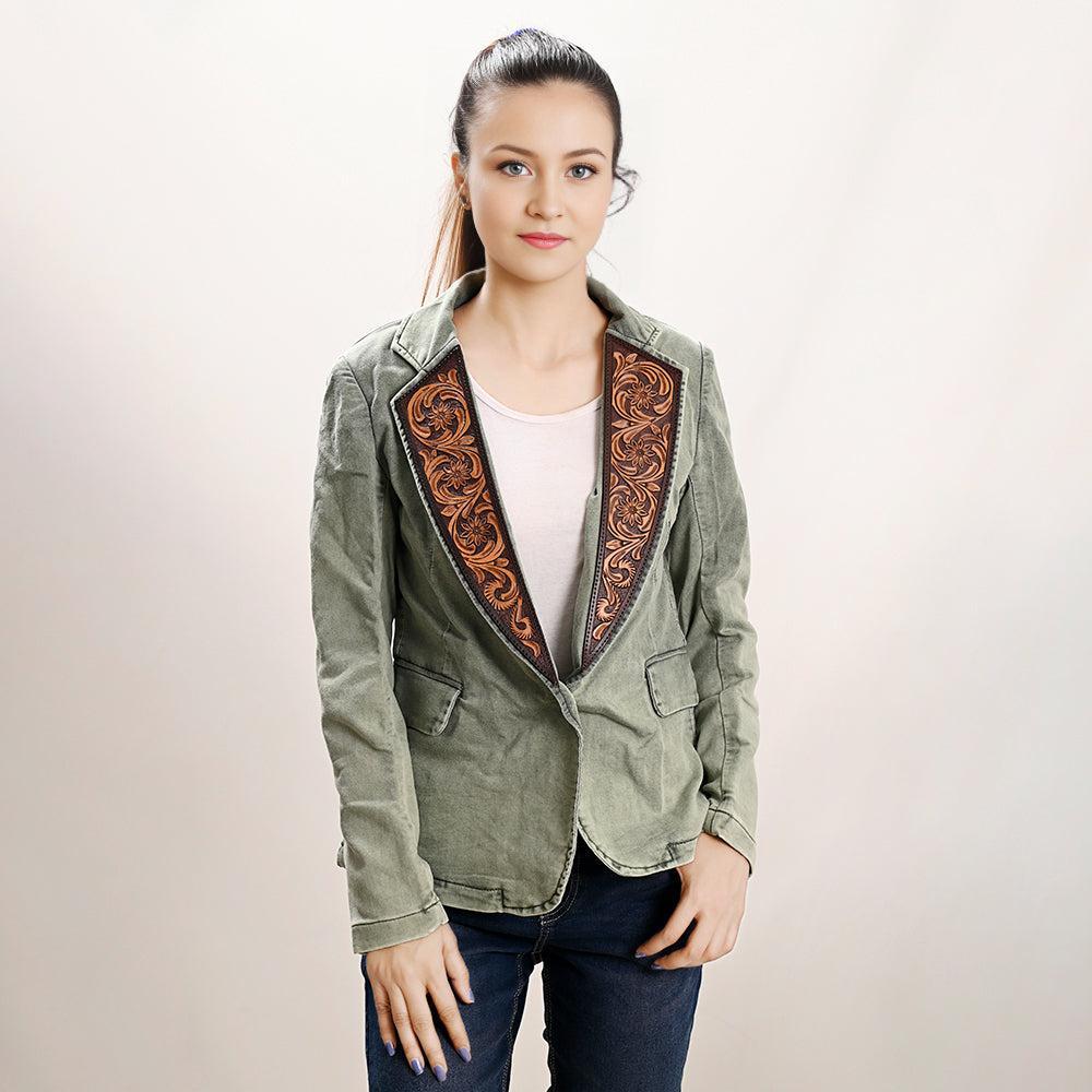 ADBZ023 Genuine leather Hand tooled hand carved Women 100% cotton Denim Blazer dress jacket ladies Girl