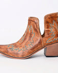 American Darling Women’s Western Ankle Boots Handcrafted Tan Leather Booties with Turquoise Stitching & Side Cutouts