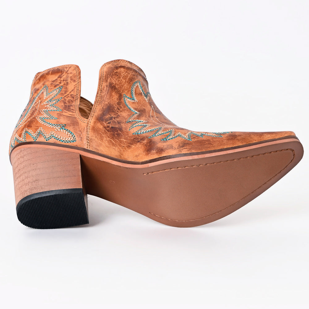 American Darling Women’s Western Ankle Boots Handcrafted Tan Leather Booties with Turquoise Stitching &amp; Side Cutouts