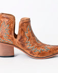 American Darling Women’s Western Ankle Boots Handcrafted Tan Leather Booties with Turquoise Stitching & Side Cutouts