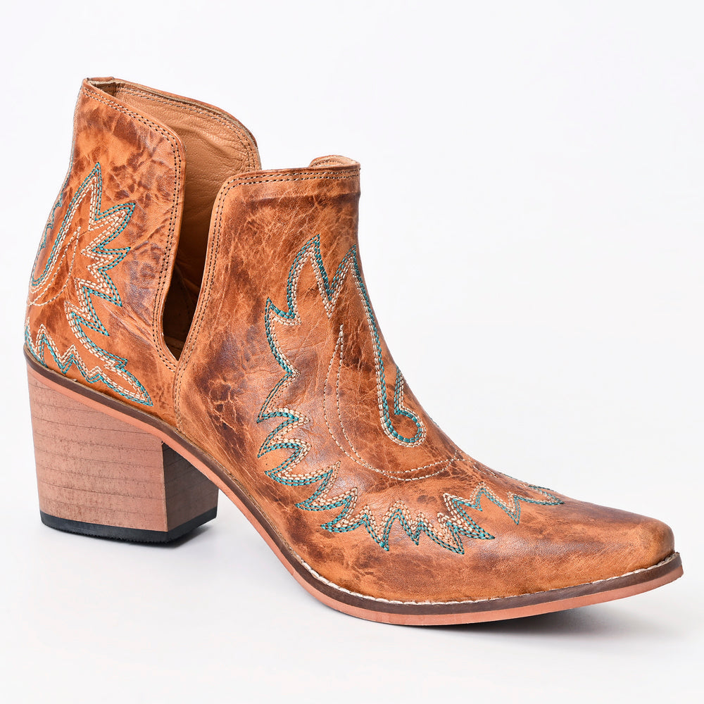 American Darling Women’s Western Ankle Boots Handcrafted Tan Leather Booties with Turquoise Stitching &amp; Side Cutouts