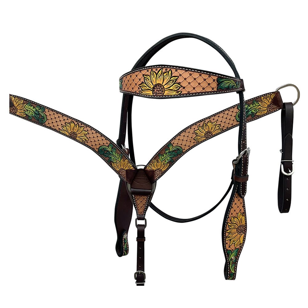 HILASON Western Horse Headstall &amp; Breast Collar American Leather Floral Carving