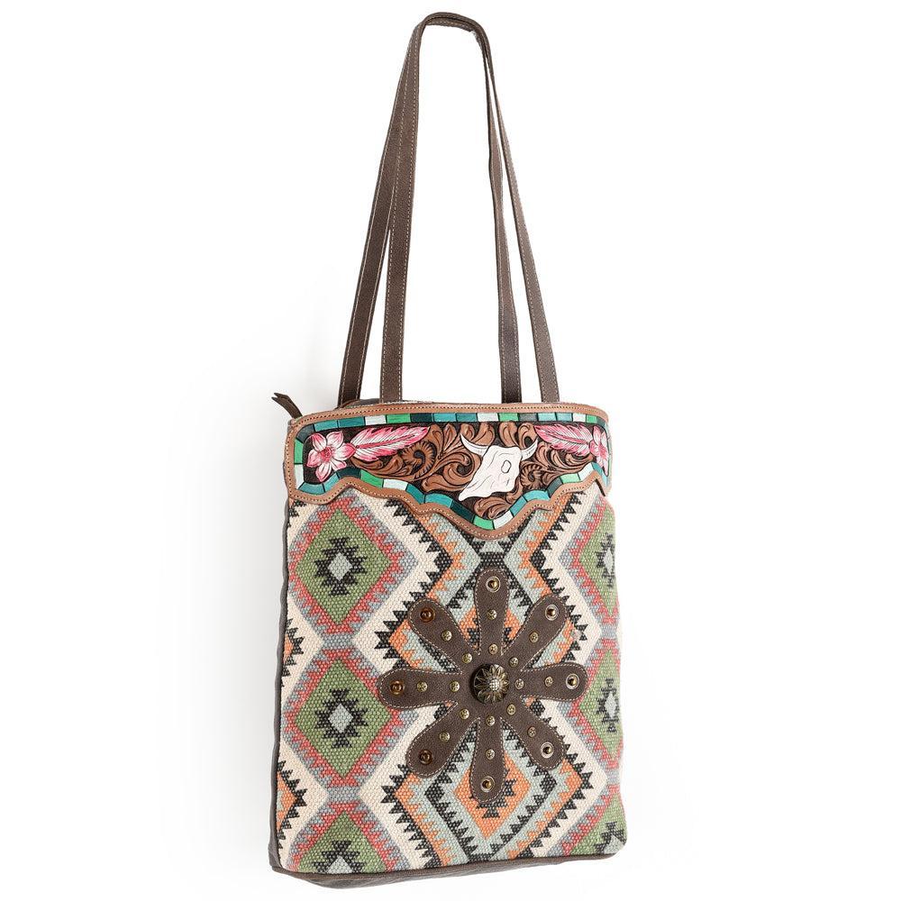 OHLAY KB568 TOTE Hand Tooled Upcycled Wool Upcycled Canvas Genuine Leather women bag western handbag purse