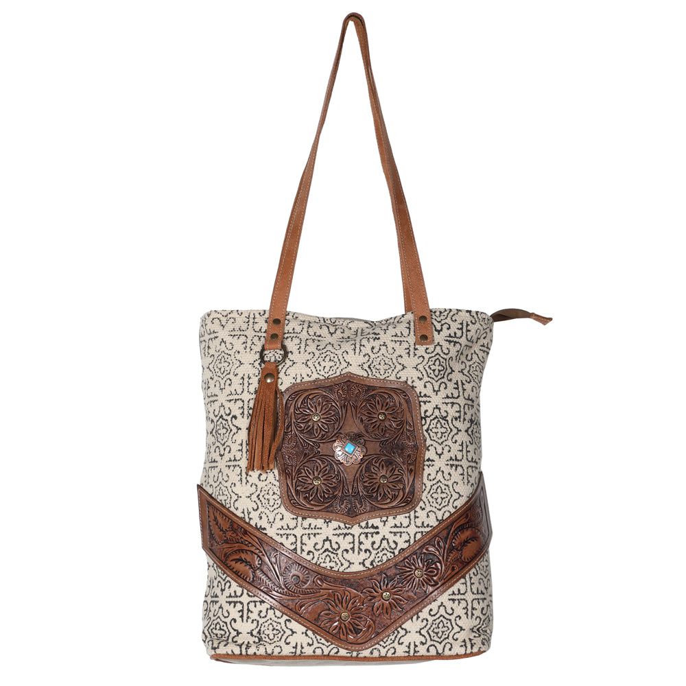 OHLAY KB594 TOTE Hand Tooled Upcycled Canvas Genuine Leather women bag western handbag purse