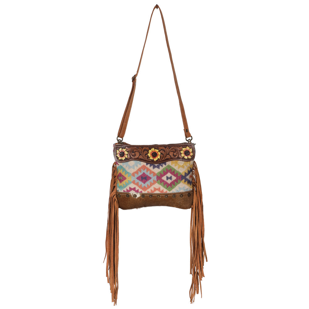 OHLAY KB641 Cross Body Hand Tooled Upcycled Canvas Hair-On Genuine Leather women bag western handbag purse