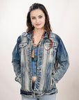 ADJKT018 Genuine leather Hand tooled hand carved Women 100% cotton Denim jacket  dress ladies girl