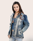 ADJKT018 Genuine leather Hand tooled hand carved Women 100% cotton Denim jacket  dress ladies girl