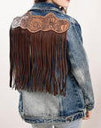 ADJKT018 Genuine leather Hand tooled hand carved Women 100% cotton Denim jacket  dress ladies girl