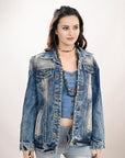 ADJKT019 Genuine leather Hand tooled hand carved Women 100% cotton Denim jacket  dress ladies girl