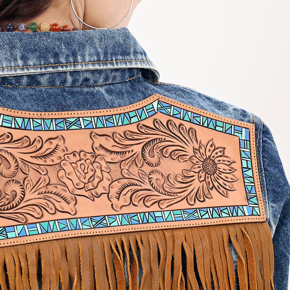 ADJKT019 Genuine leather Hand tooled hand carved Women 100% cotton Denim jacket  dress ladies girl