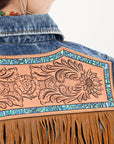 ADJKT019 Genuine leather Hand tooled hand carved Women 100% cotton Denim jacket  dress ladies girl