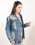 ADJKT019 Genuine leather Hand tooled hand carved Women 100% cotton Denim jacket  dress ladies girl