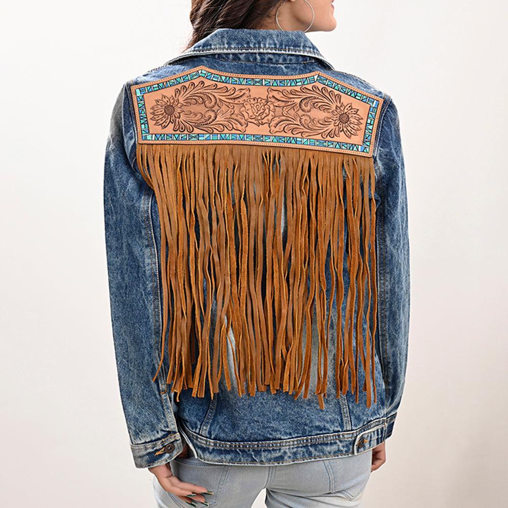 ADJKT019 Genuine leather Hand tooled hand carved Women 100% cotton Denim jacket  dress ladies girl