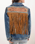 ADJKT019 Genuine leather Hand tooled hand carved Women 100% cotton Denim jacket  dress ladies girl