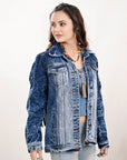 ADJKT020 Genuine leather Hand tooled hand carved Women 100% cotton Denim jacket  dress ladies girl