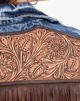 ADJKT020 Genuine leather Hand tooled hand carved Women 100% cotton Denim jacket  dress ladies girl